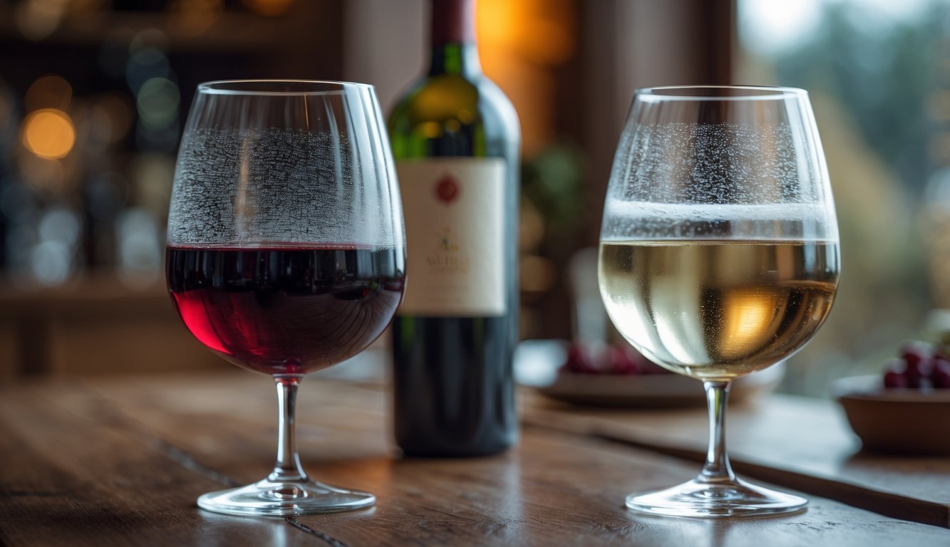 Close-up of two wine glasses on a wooden table, one with red wine and one with white wine, showing slight fog and condensation.
