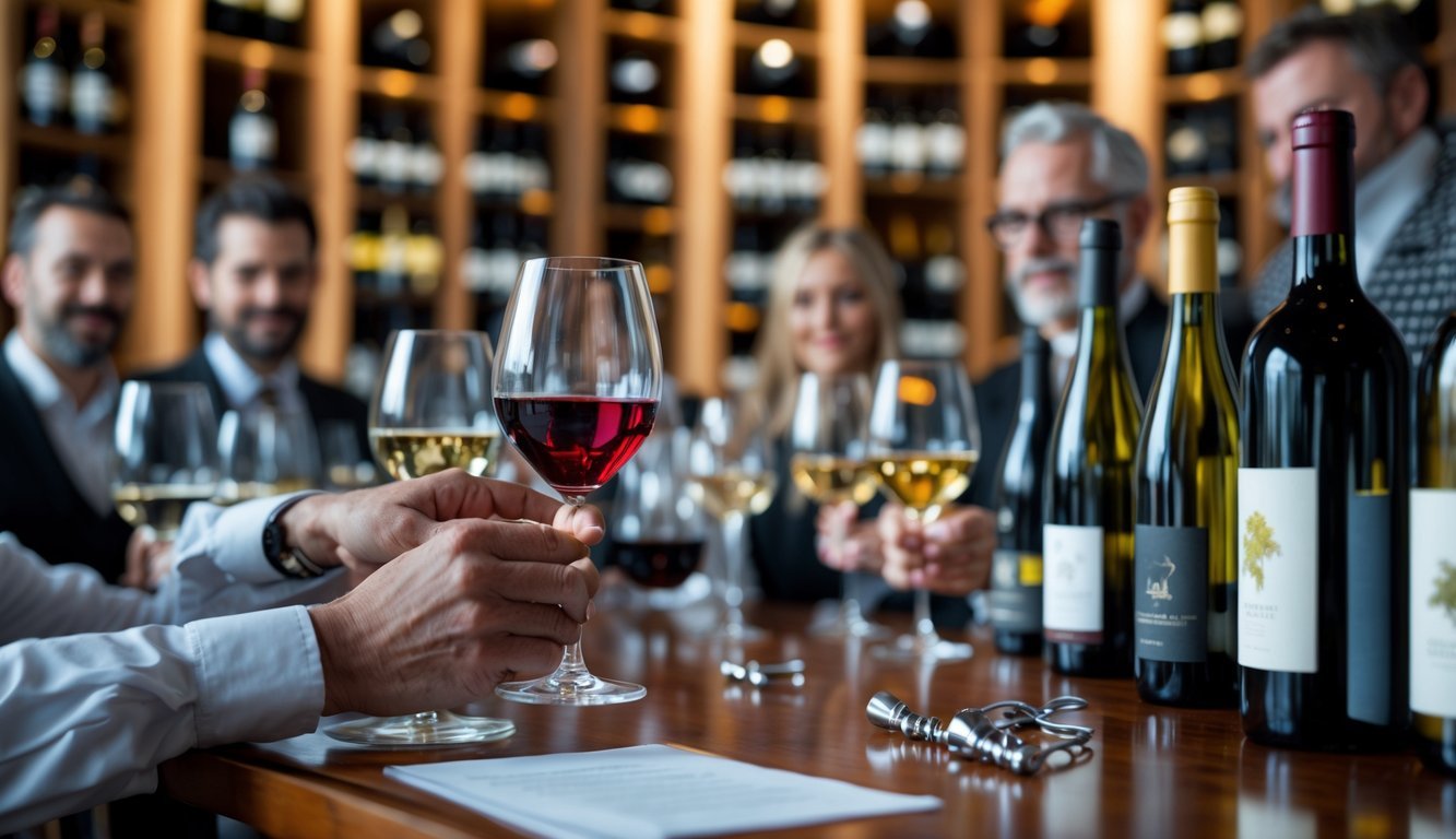Hands holding a glass of young red wine in a wine cellar with bottles and wine glasses on a wooden table.