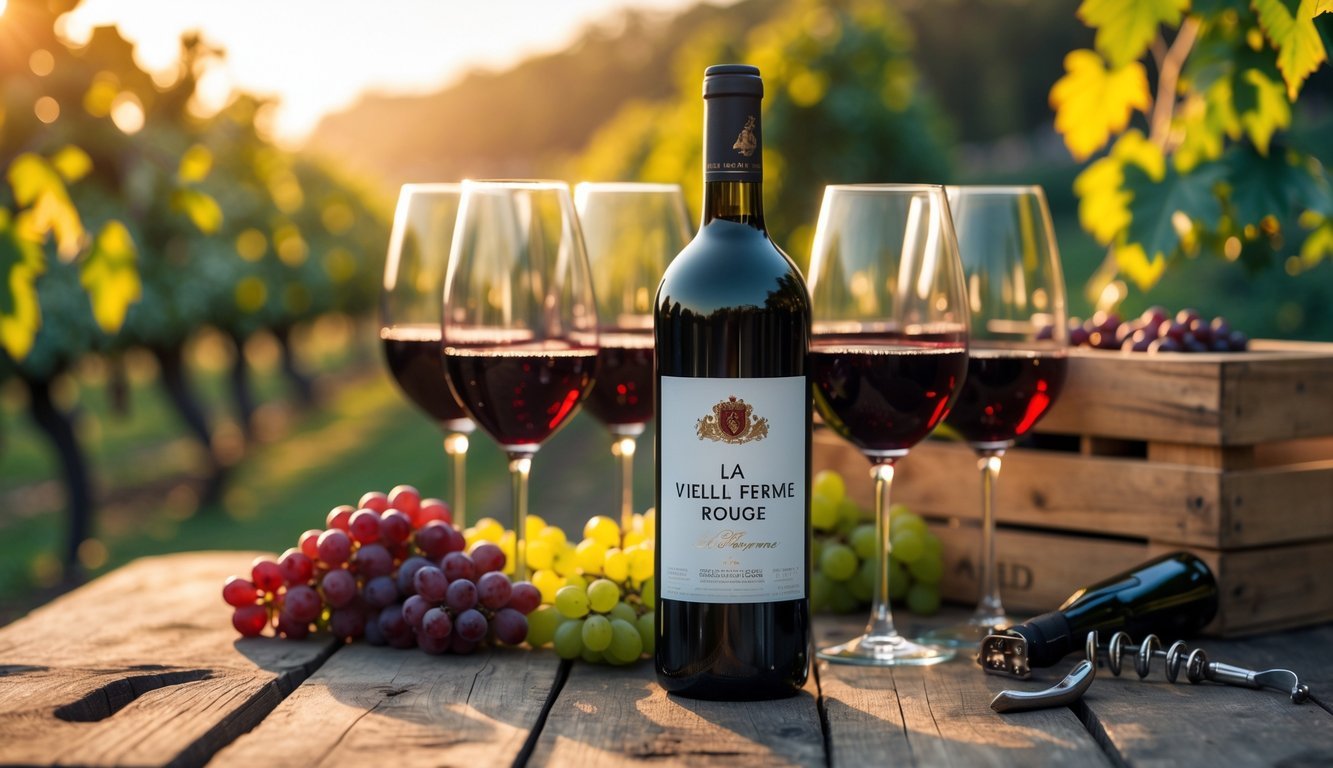 A bottle of red wine on a wooden table surrounded by filled wine glasses and grape clusters, with a vineyard in the background.
