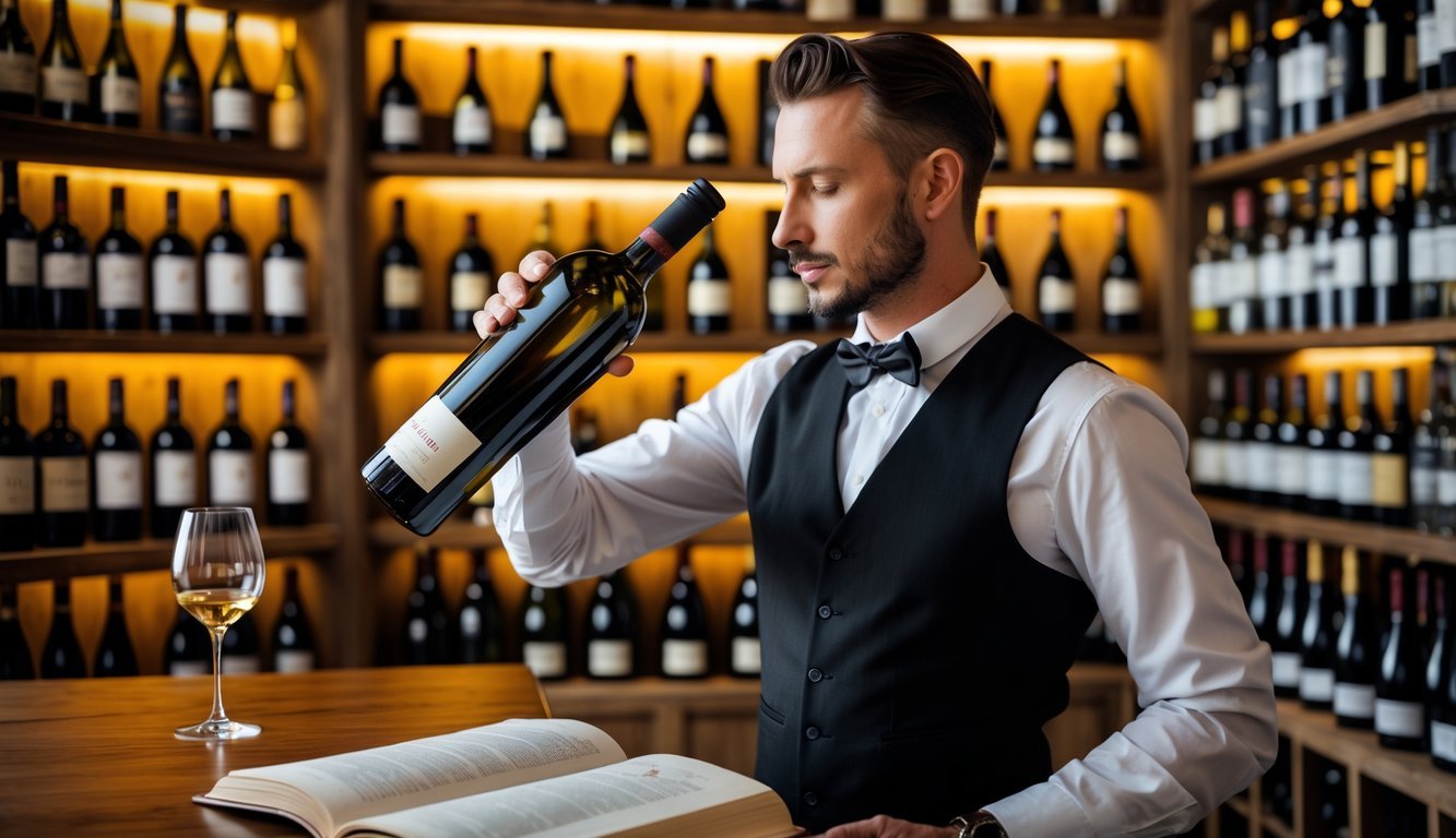 A sommelier examining a bottle of wine in a wine cellar with shelves of wine bottles and a wooden table nearby.