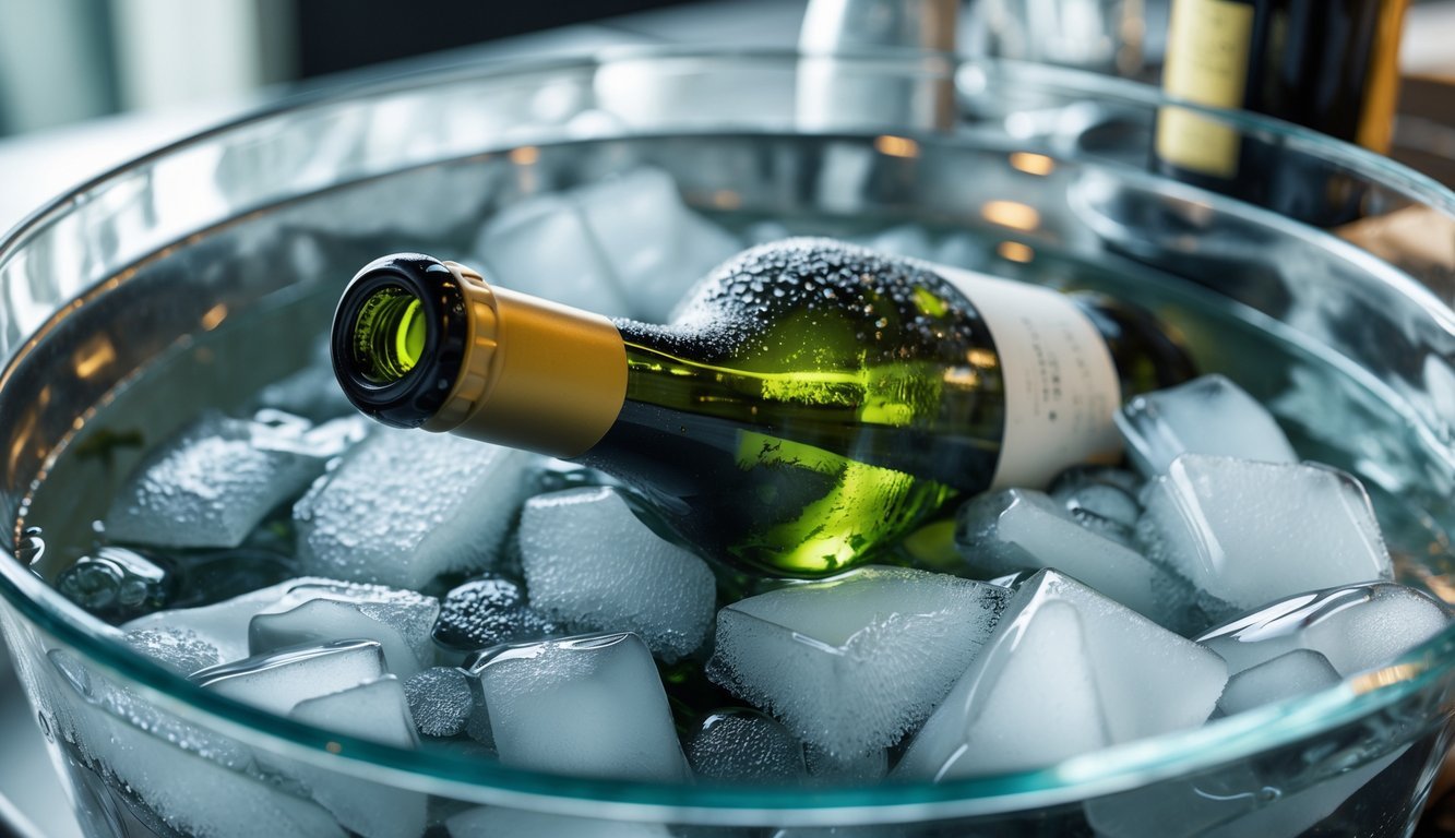 A wine bottle chilling in a container filled with ice cubes and water.