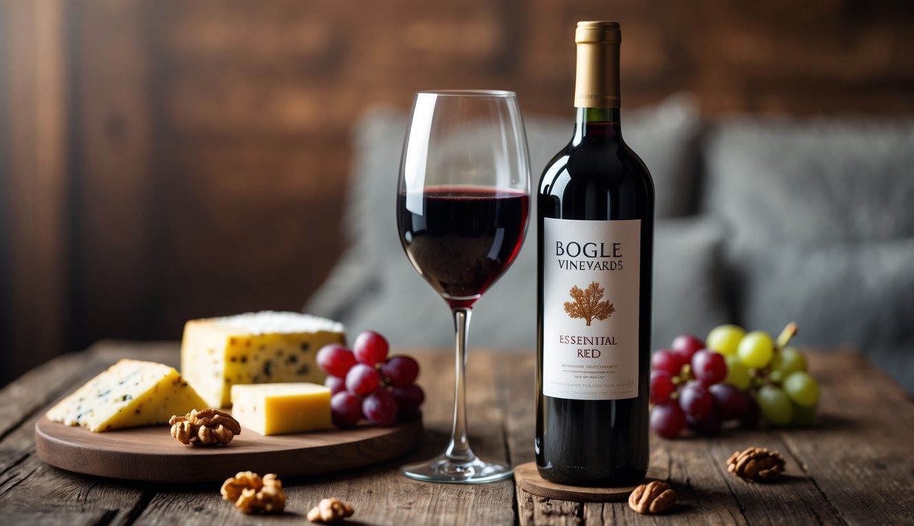 A bottle of red wine and a filled glass on a wooden table with cheese, grapes, and walnuts nearby.