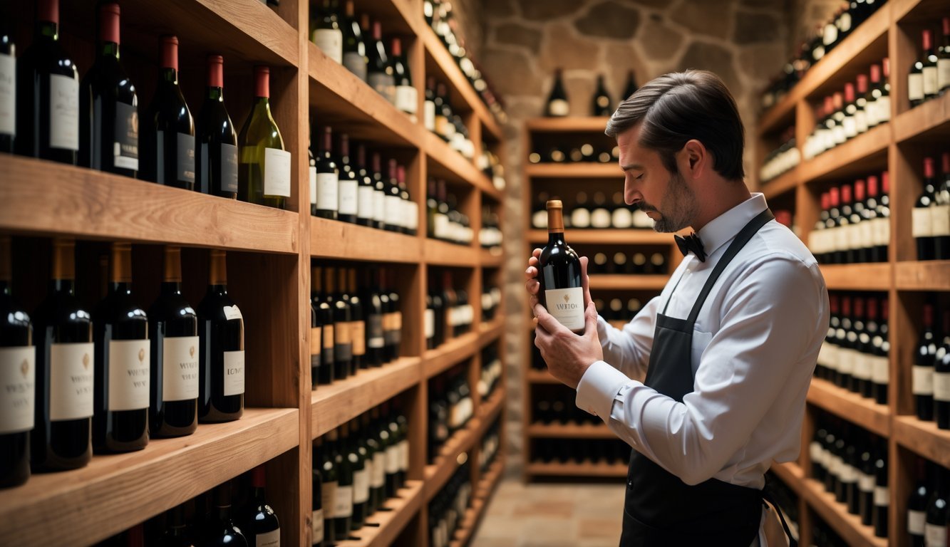A sommelier inspecting a bottle of wine in a dimly lit wine cellar with wooden racks filled with wine bottles.