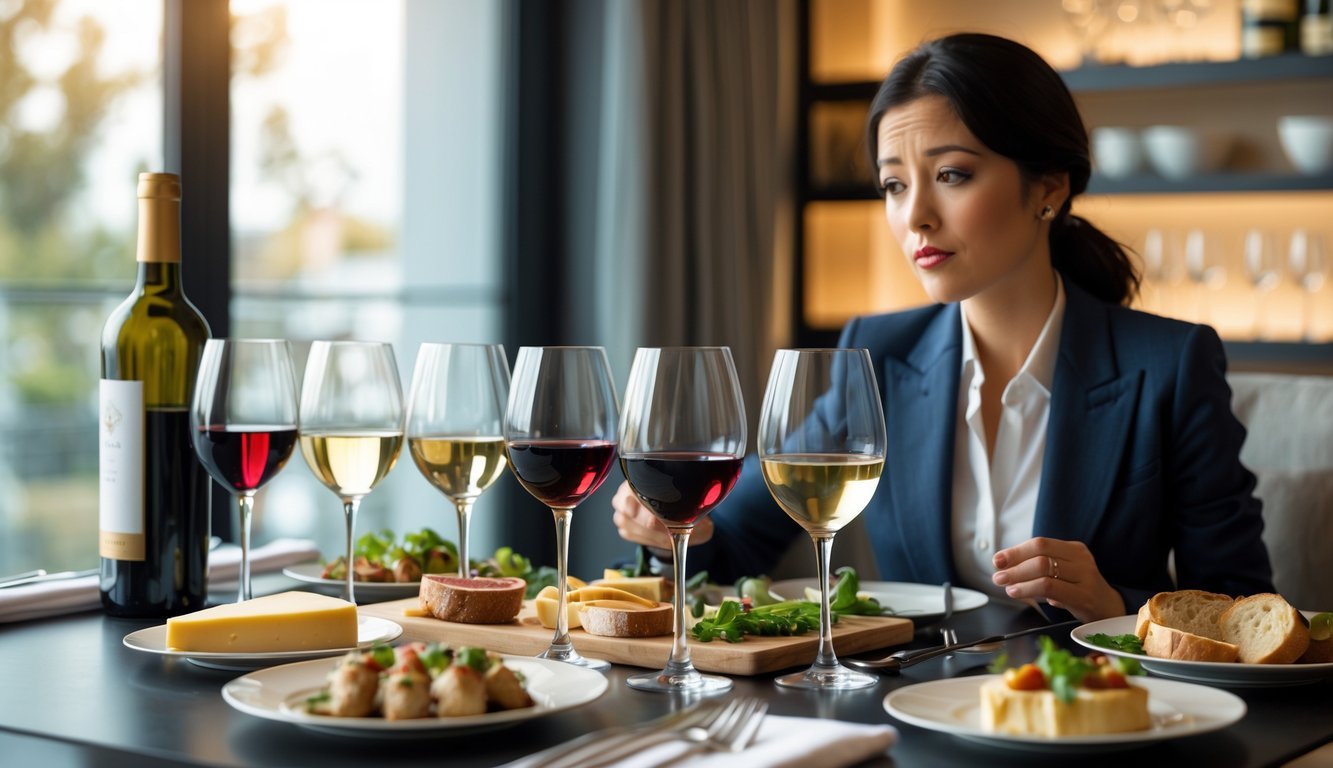 A person at a dining table with wine glasses and gourmet food, thoughtfully examining a glass of wine.