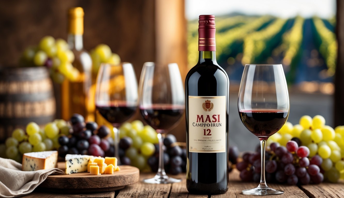 A bottle of red wine on a wooden table surrounded by filled wine glasses and a cheese platter with grapes.