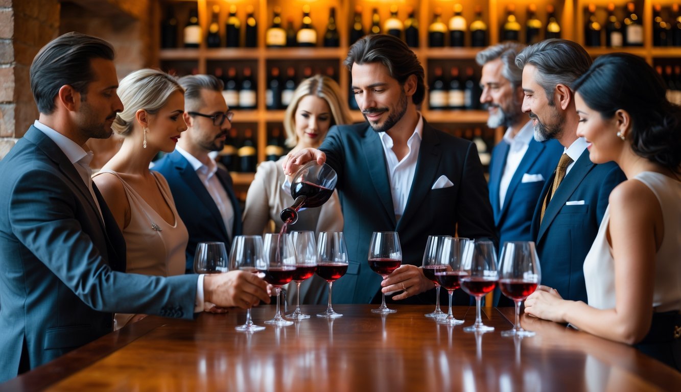 People tasting wine around a wooden table in a wine cellar, focusing on the wine's aroma and flavor.