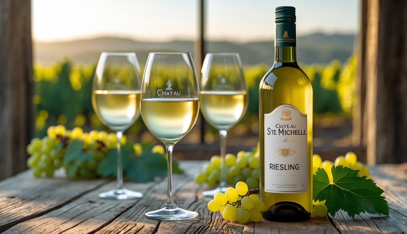 A bottle of Chateau Ste. Michelle Riesling on a wooden table with filled wine glasses, grape leaves, and grapes, with a vineyard visible through a window in the background.