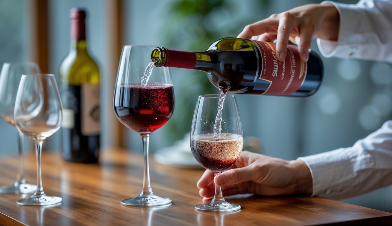 Close-up of hands pouring soda into a glass of red wine on a wooden table with wine and soda bottles nearby.