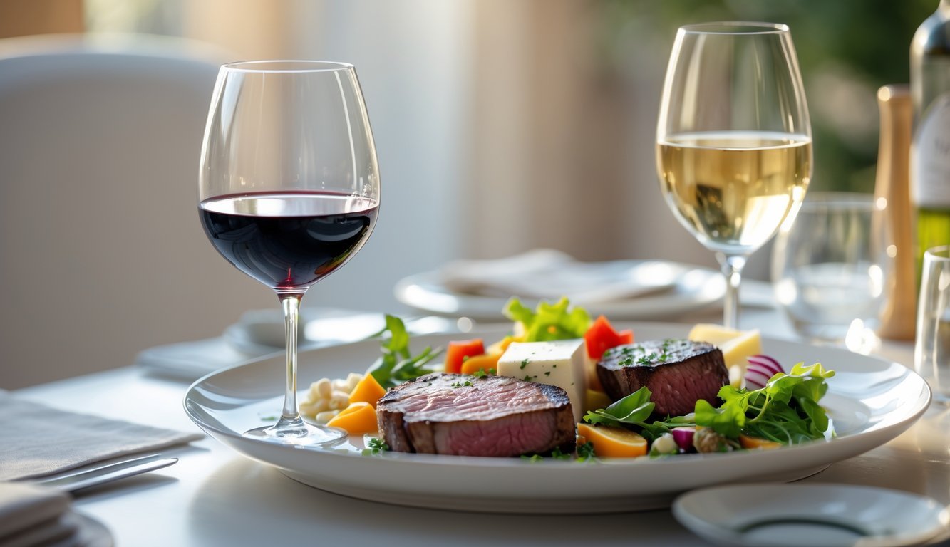 A glass of red wine next to a plate with steak, cheese, and vegetables on a dining table.