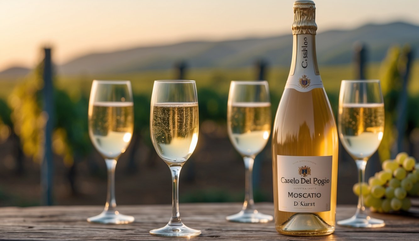 A bottle of Moscato d'Asti wine on a wooden table with filled wine glasses and a vineyard in the background.