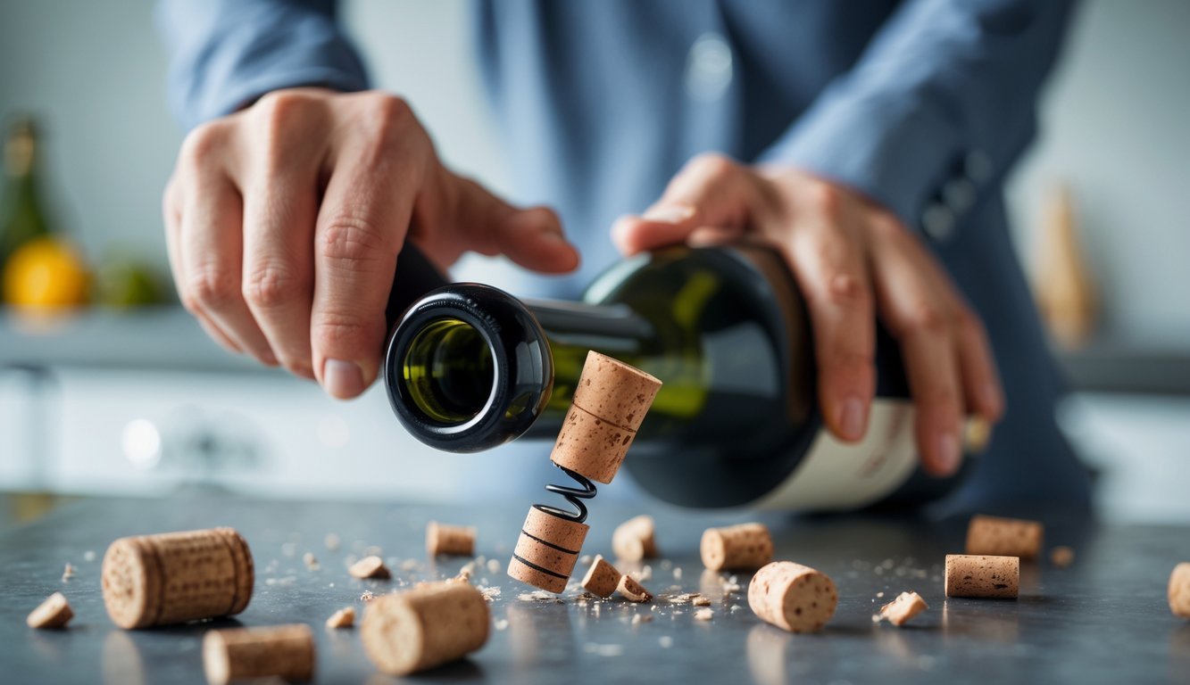 Hands trying to open a wine bottle with a broken cork using a corkscrew on a kitchen counter.