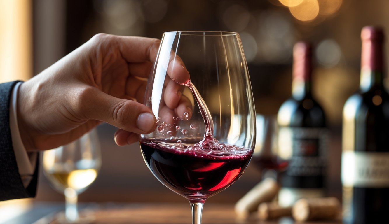 A hand swirling a glass of red wine with a blurred background suggesting a wine tasting setting.