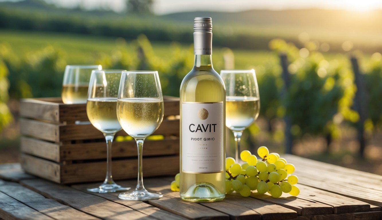 A bottle of Cavit Pinot Grigio wine on a wooden table with filled wine glasses, green grapes, and a vineyard background.