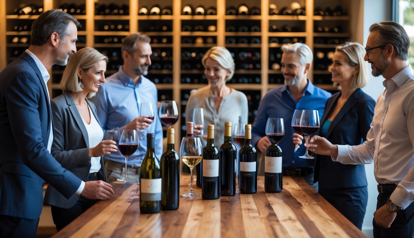 A group of adults tasting and discussing wine around a wooden table with wine bottles and glasses, set in a modern wine cellar.