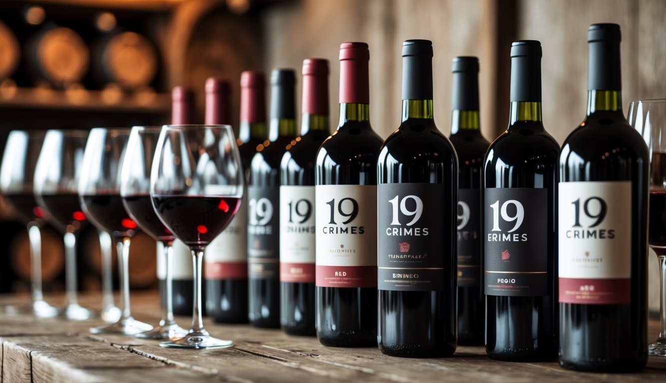 Twelve bottles of red wine arranged on a wooden table with glasses of red wine, set in a warm, softly lit environment.