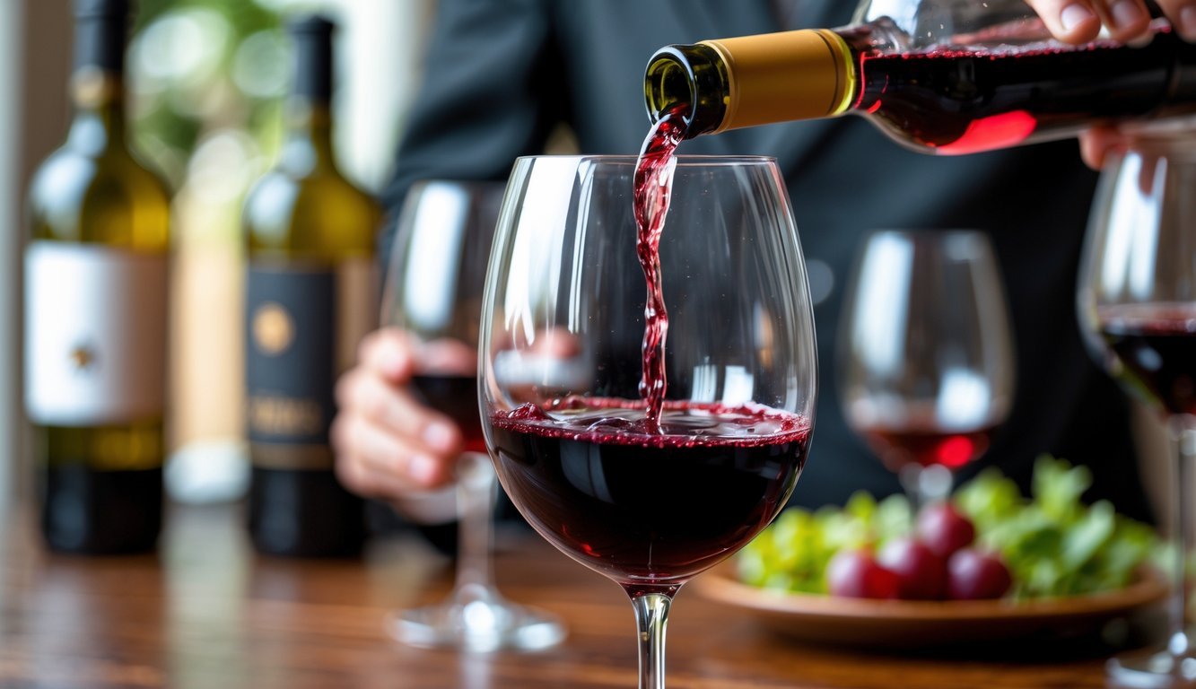 A hand pouring red wine into an overfilled wine glass with wine spilling over the rim on a wooden table.