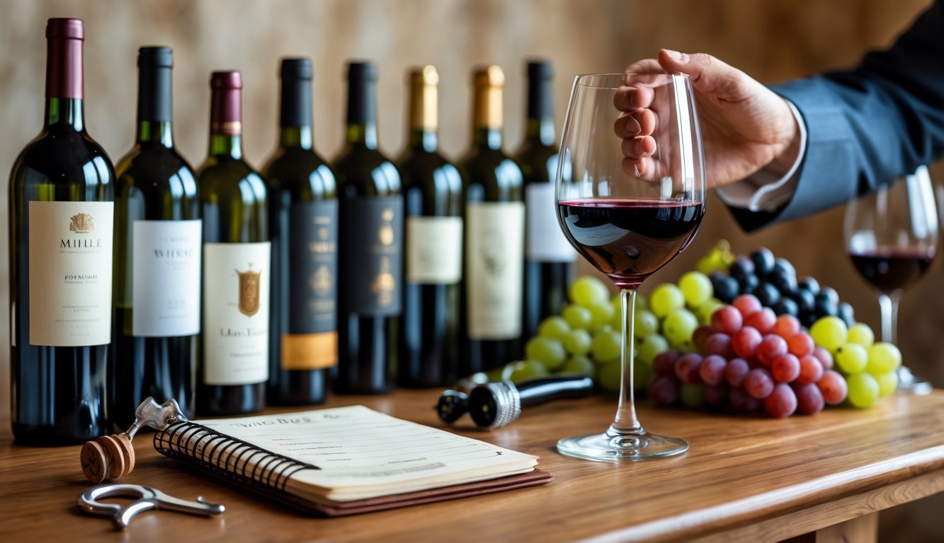 A hand holding a glass of red wine over a wooden table with wine bottles, grapes, and wine tasting accessories.