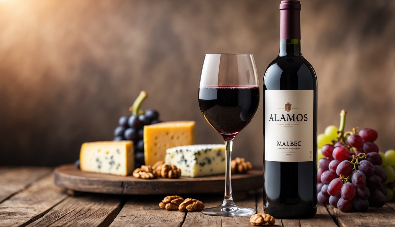 A bottle of Alamos Malbec wine with a glass of red wine and a cheese platter on a wooden table.