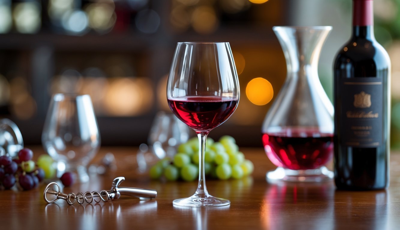 Close-up of a hand swirling a glass of deep red wine on a wooden table with a wine bottle, decanter, and corkscrew nearby.