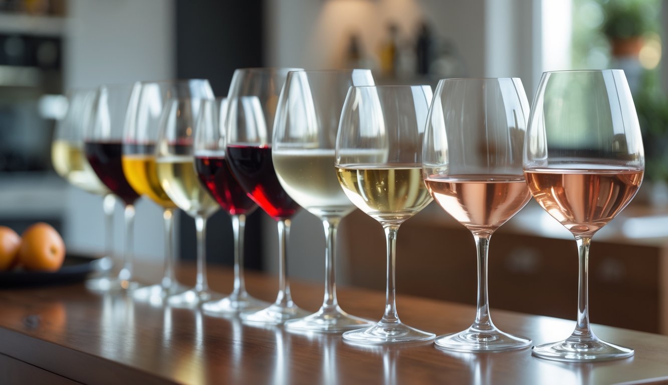 Close-up of various wine glasses filled with different wines, showing mismatched glass shapes and wine types on a wooden table.