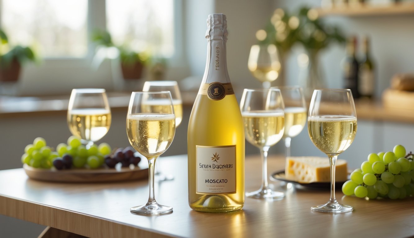 A bottle of Moscato wine on a wooden table surrounded by filled wine glasses, grapes, and a cheese platter in a warm, softly lit setting.