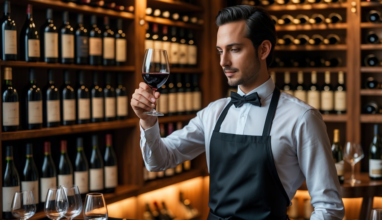 A sommelier examines a glass of red wine in a wine cellar with shelves of wine bottles in the background.