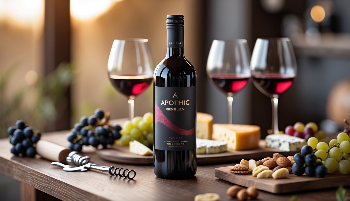 A bottle of red wine on a wooden table surrounded by filled wine glasses, grapes, a corkscrew, and a cheese board in a warm, cozy setting.