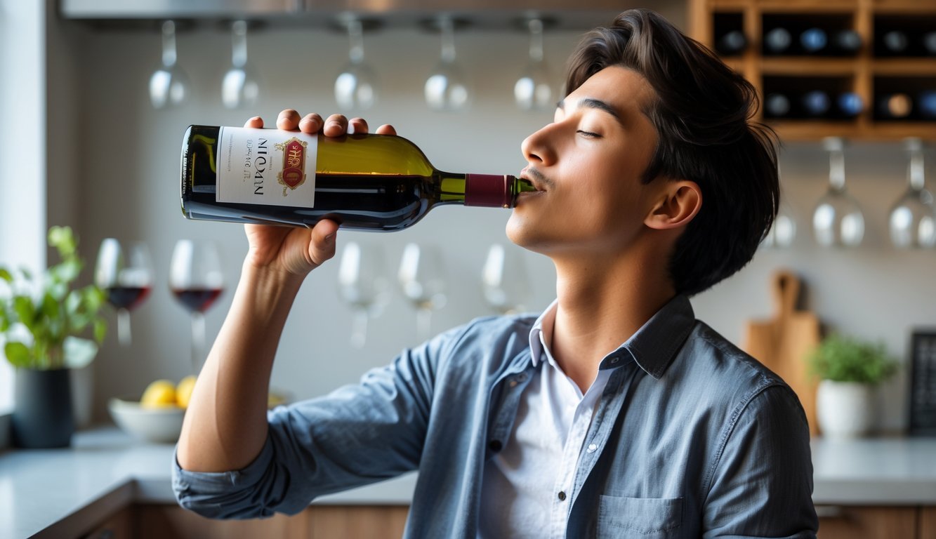 A young adult drinking red wine directly from the bottle in a modern kitchen.