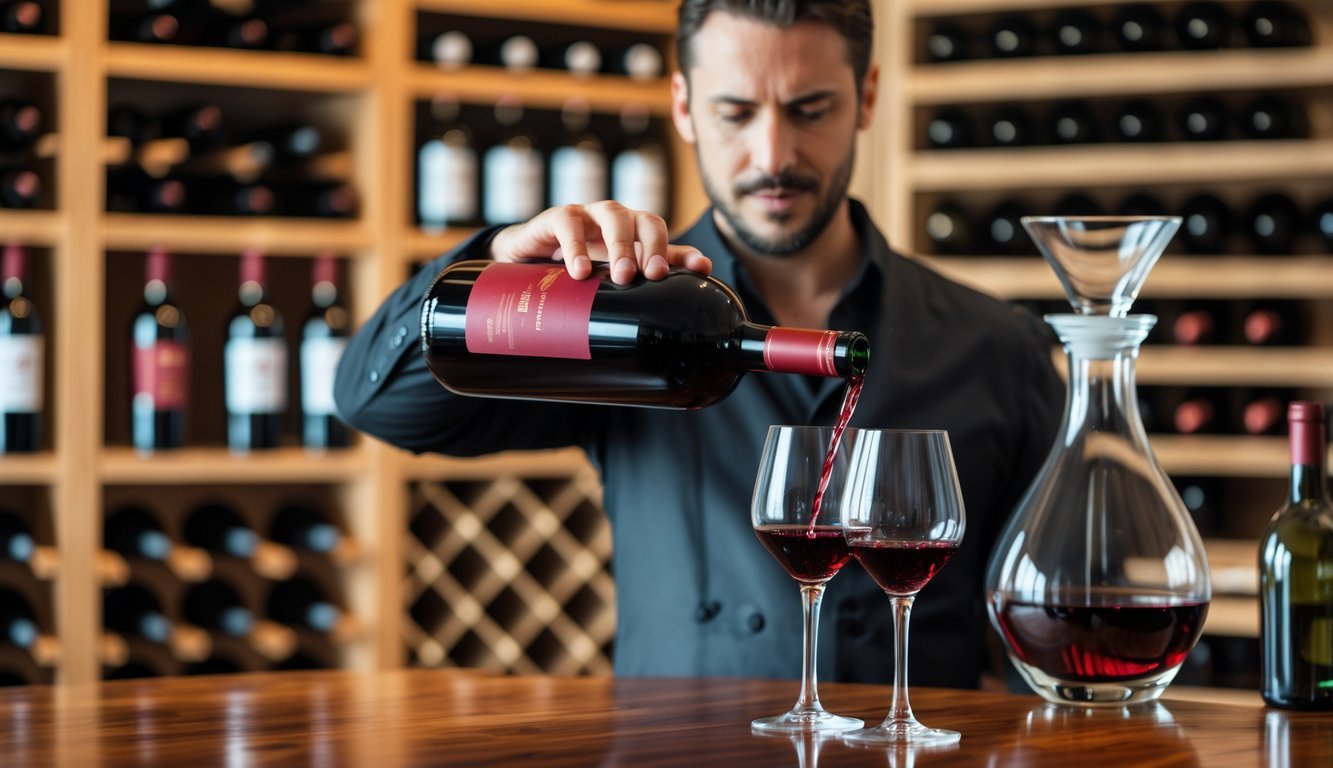 A person pouring red wine into a glass in a well-organized wine cellar with bottles stored on wooden racks and a wine decanter on a table.