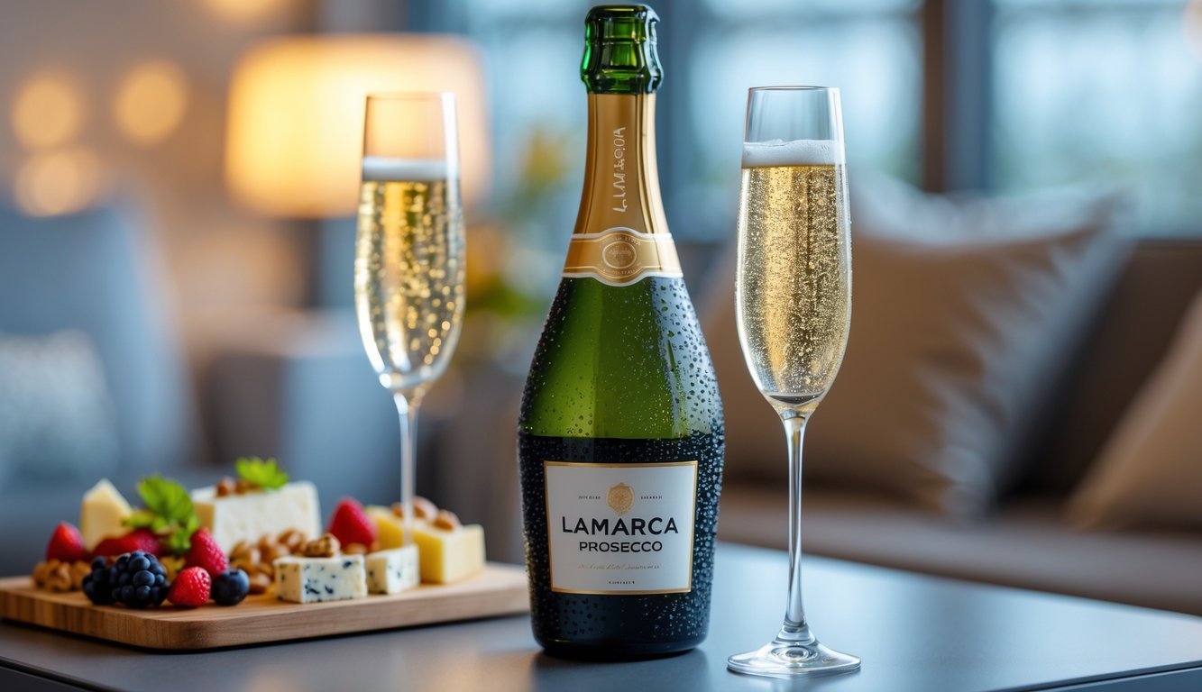 A bottle of Lamarca Prosecco with two filled champagne flutes and a small board of appetizers on a table.