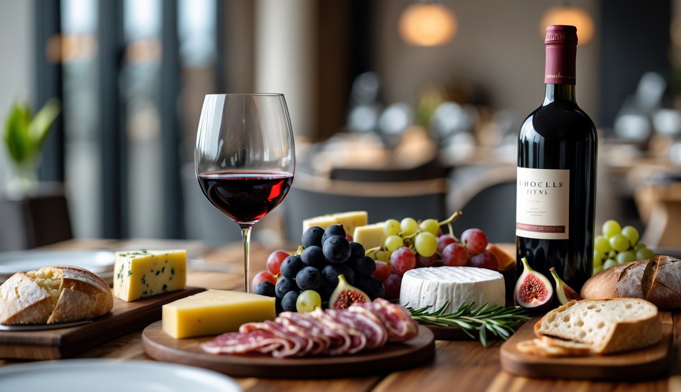 A close-up of a wooden table with a glass of red wine being poured, a wine bottle, and an assortment of cheese, cured meats, fruits, and bread in a dining room.