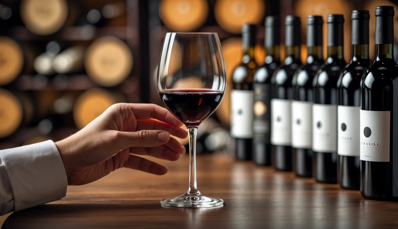 A hand holding a glass of red wine with several wine bottles on a wooden table in a softly lit room.
