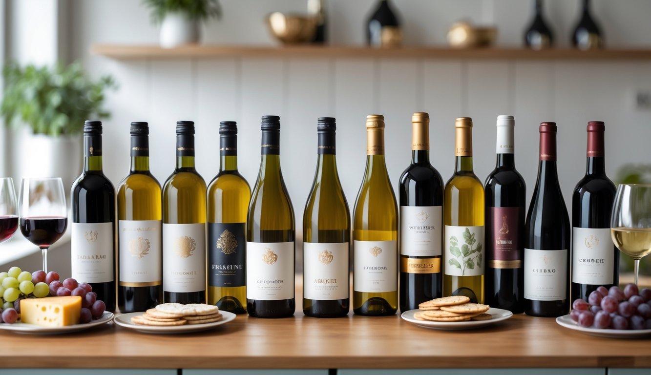 A table displaying twelve different wine bottles with glasses of red and white wine and small plates of cheese and grapes.