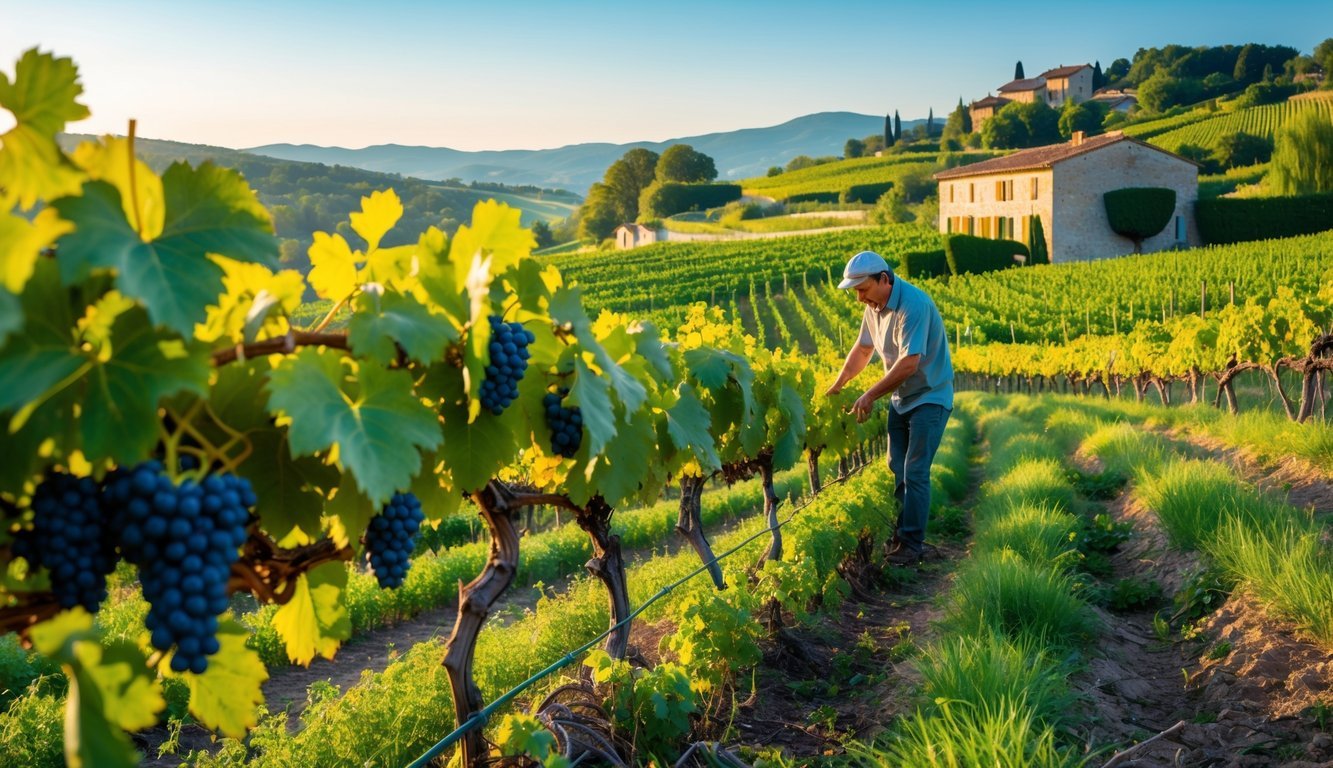 Vineyard in Jura, France with green grapevines, a worker tending the plants, rolling hills, and a farmhouse under a clear sky.