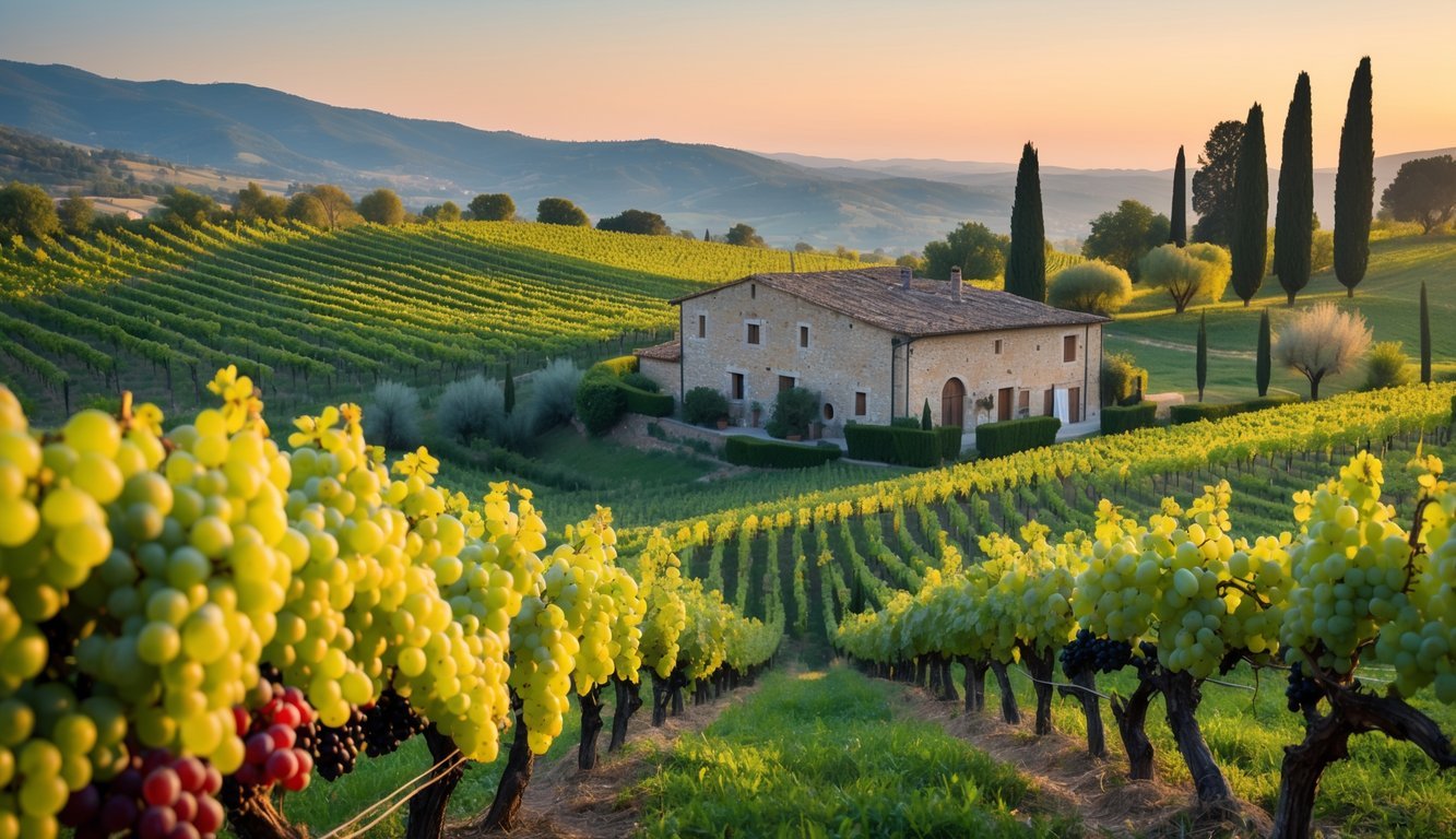 Vineyards in Umbria, Italy with rows of grapevines bearing white and red grapes, a stone farmhouse, cypress trees, and rolling hills under a warm sunset sky.