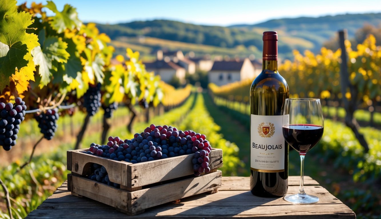 A vineyard in Beaujolais Villages, France with ripe red grapes on vines, a crate of grapes, a bottle of red wine, and a glass on a wooden table with hills and countryside in the background.
