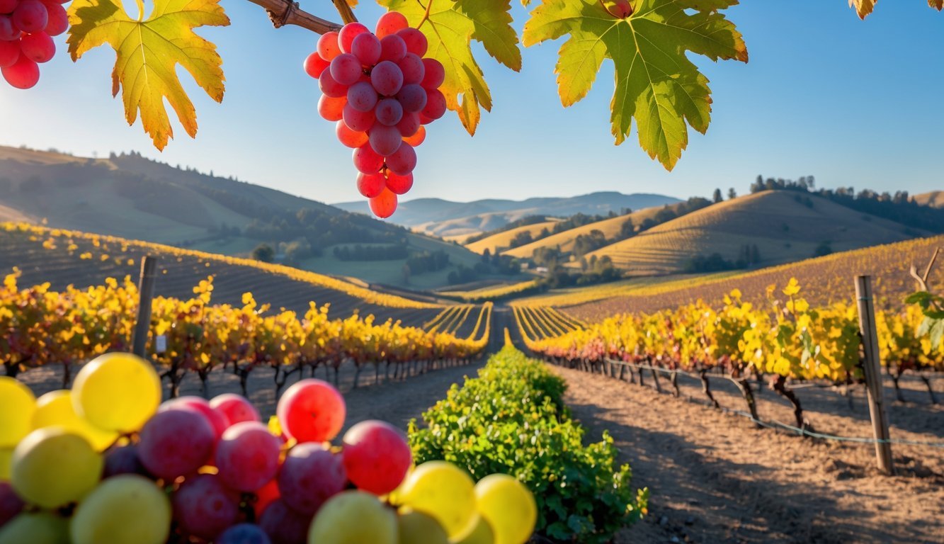 Vineyard in Walla Walla Valley with rows of grapevines bearing red and white grapes under a clear blue sky.