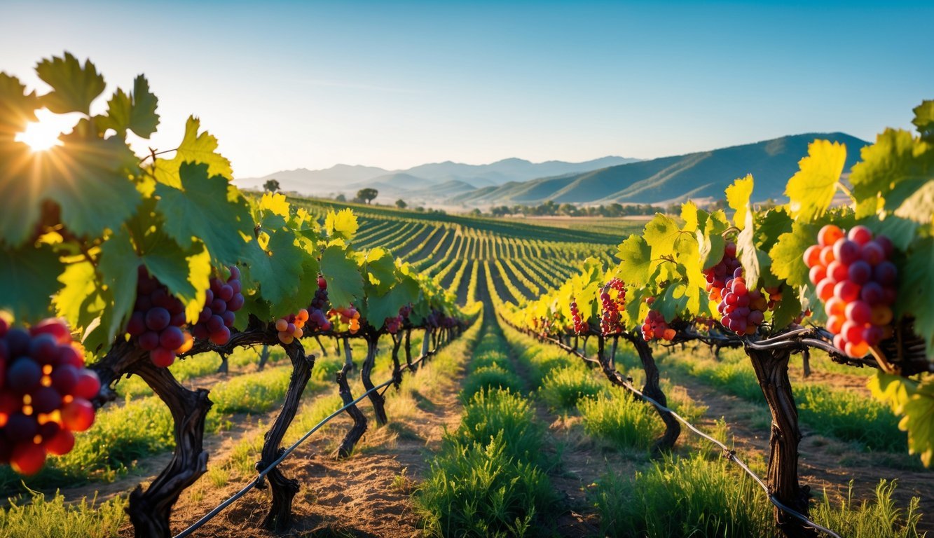 Vineyard rows with ripe red grapes in Colchagua Valley, Chile, surrounded by rolling hills and mountains under a clear sky.