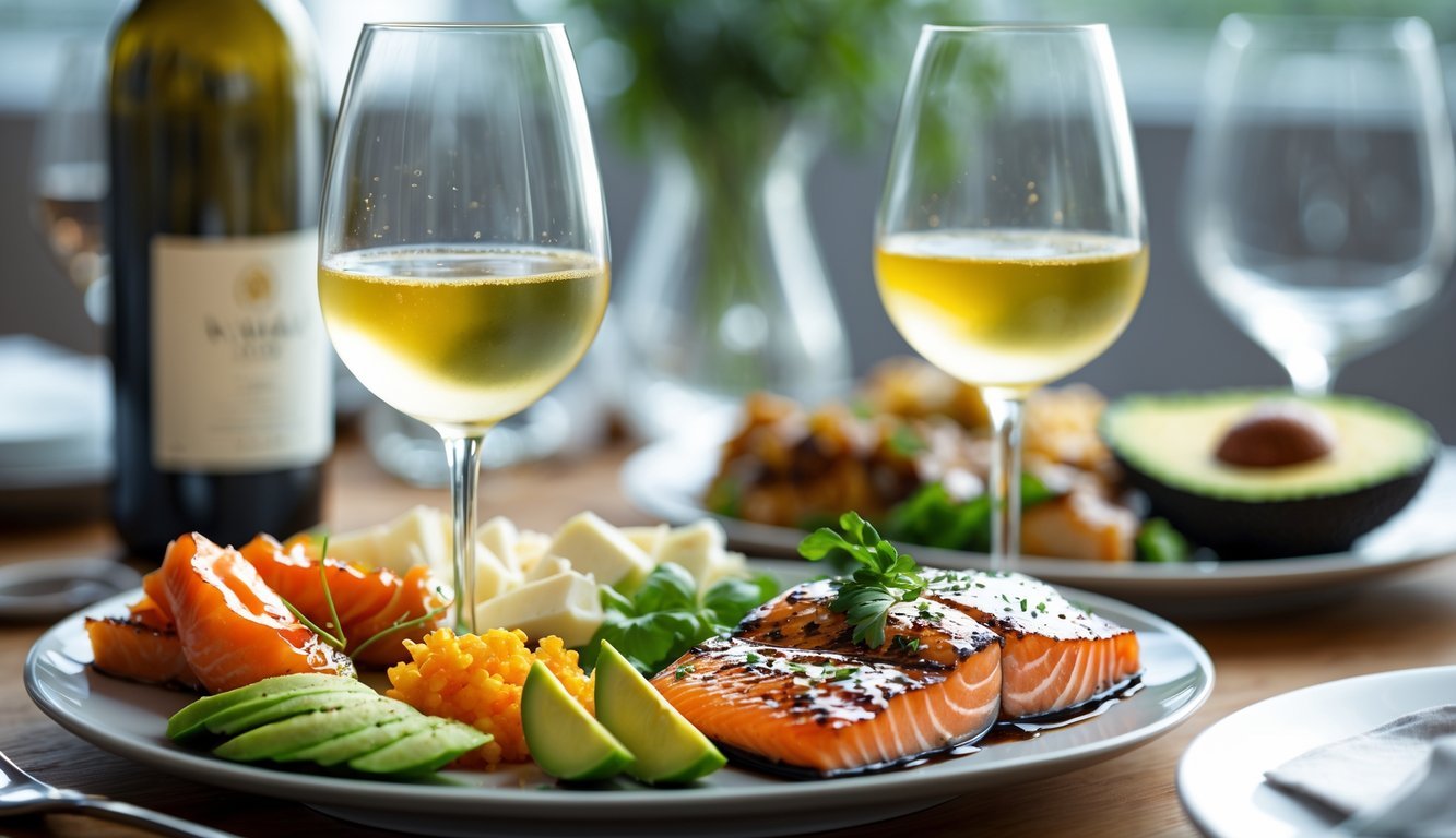 A glass of Sauvignon Blanc wine beside a plate of grilled salmon, creamy cheese, and avocado on a dining table.