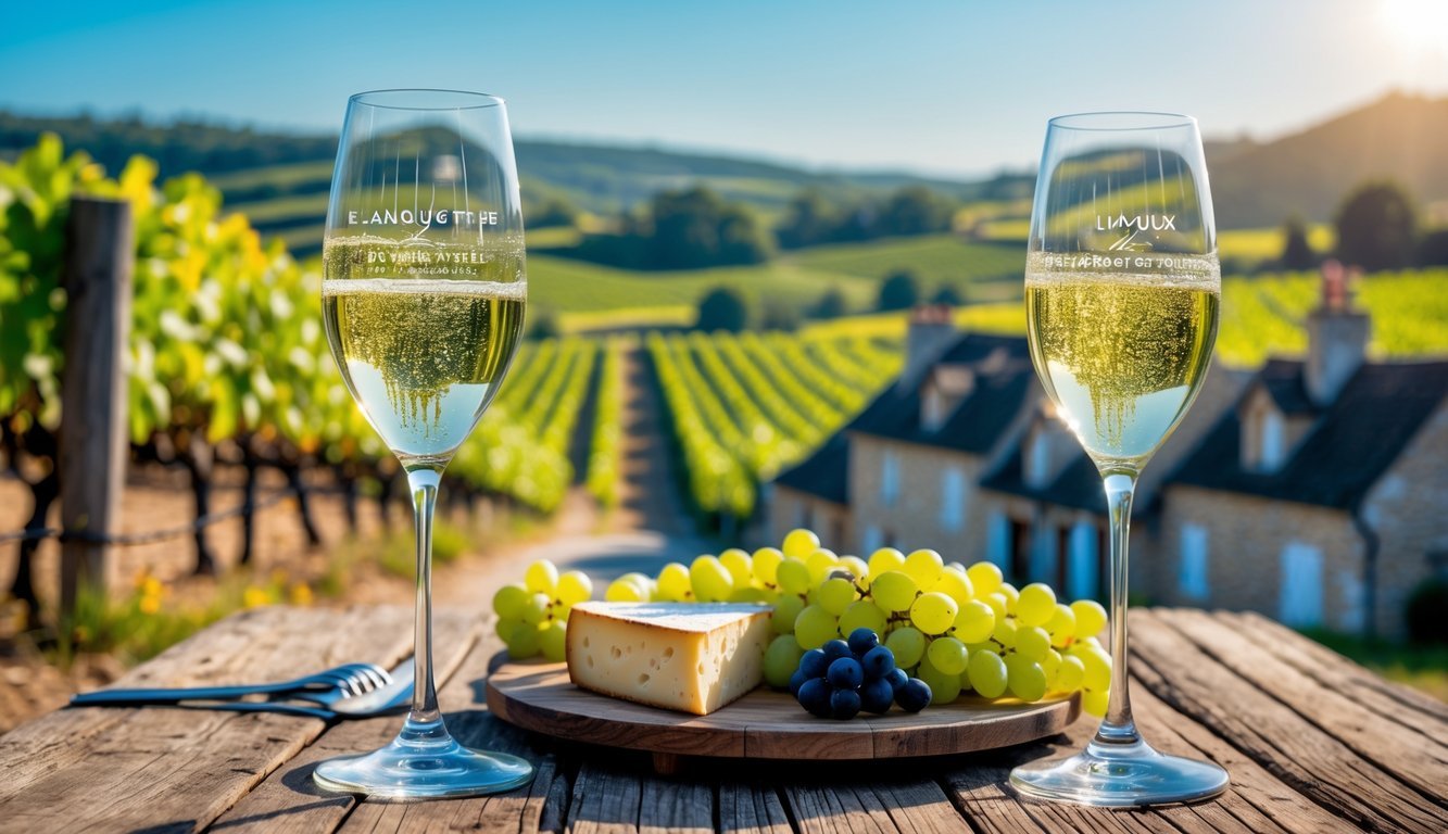 Vineyard landscape in Limoux, France with rows of grapevines, a wooden table with sparkling white wine glasses, cheese, and grapes, set against rolling hills and stone cottages.