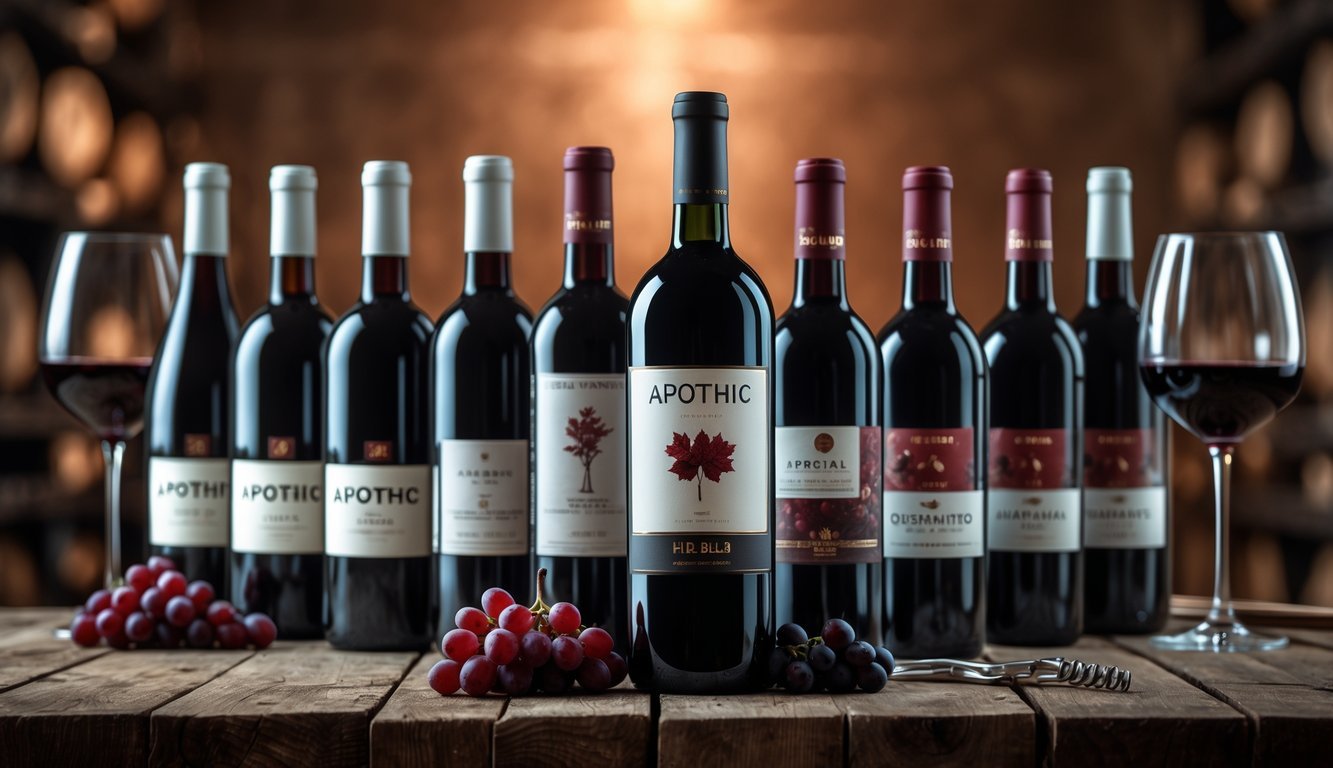 Eight bottles of red wine, including an Apothic Red Blend, arranged on a wooden table with wine glasses and grapes.