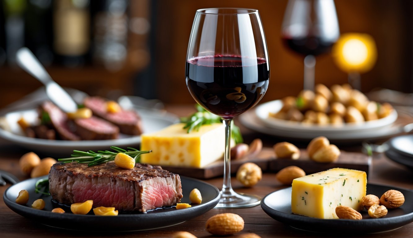 A glass of red wine next to plates of steak, cheese, and nuts on a wooden table.