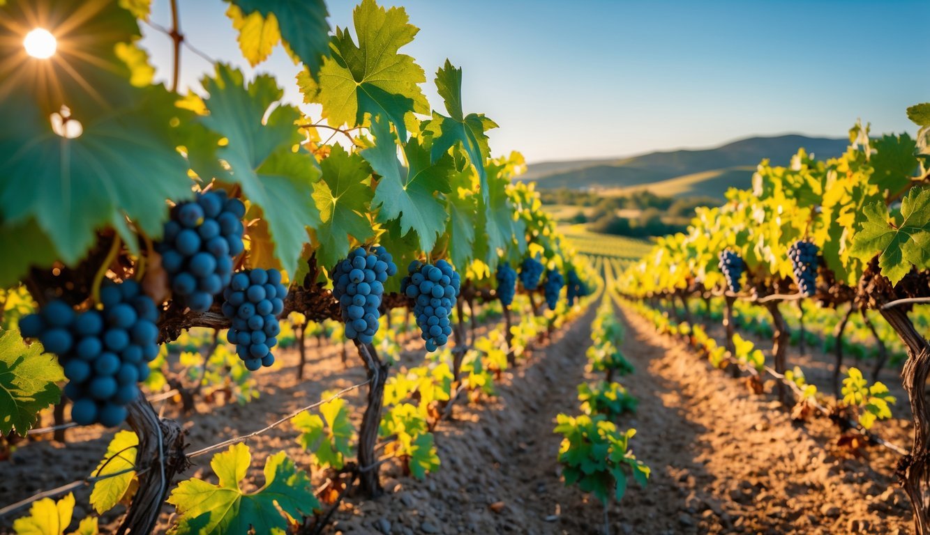 Rows of grapevines with ripe red grapes in a sunny vineyard with rolling hills in the background.