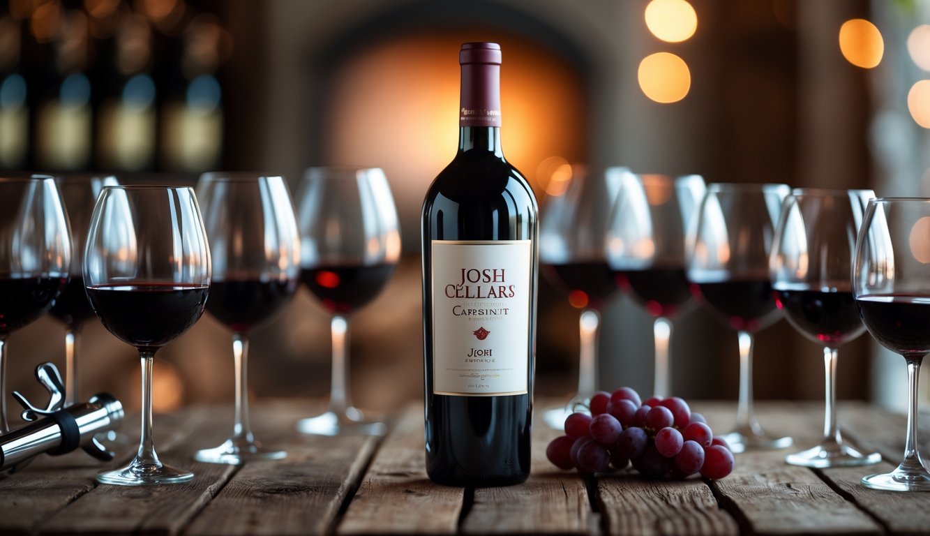 A bottle of Josh Cellars Cabernet Sauvignon surrounded by eight glasses of red wine on a wooden table with warm lighting.