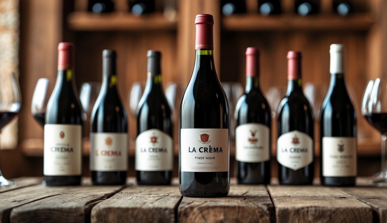 A bottle of La Crema Pinot Noir surrounded by other red wine bottles on a wooden table with a blurred wine cellar background.