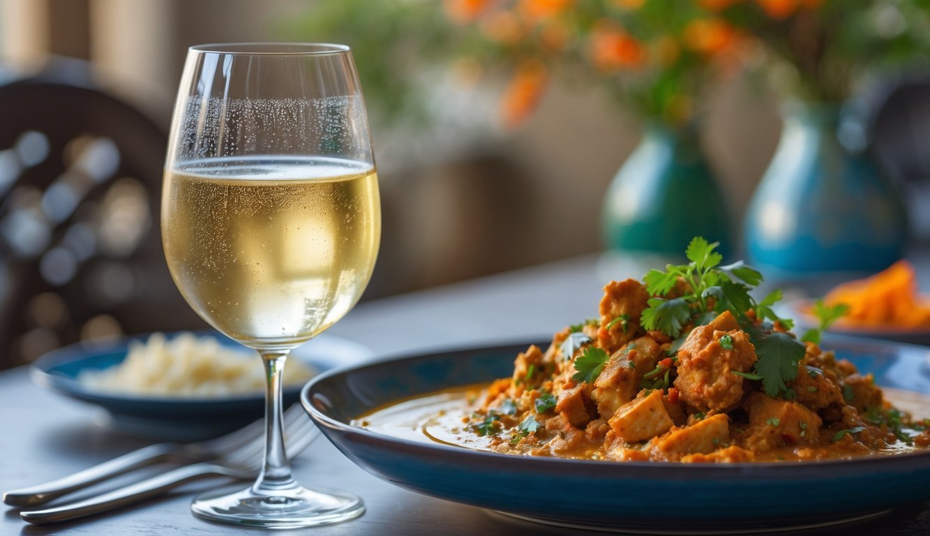 A glass of Riesling wine next to a plate of spicy food on a dining table.