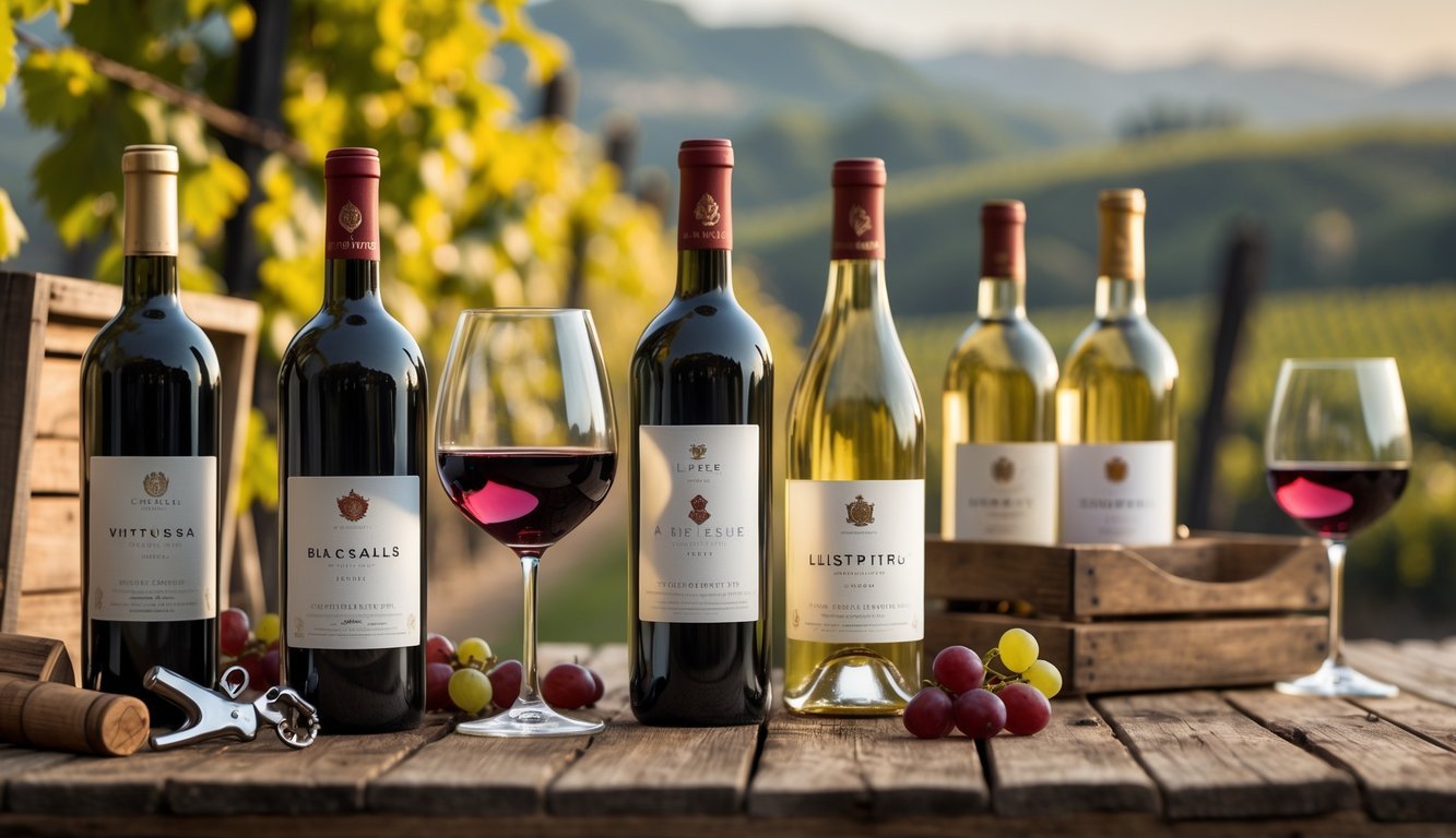 A table with several limited-edition wine bottles and glasses of wine, set against a blurred vineyard or wine cellar background.