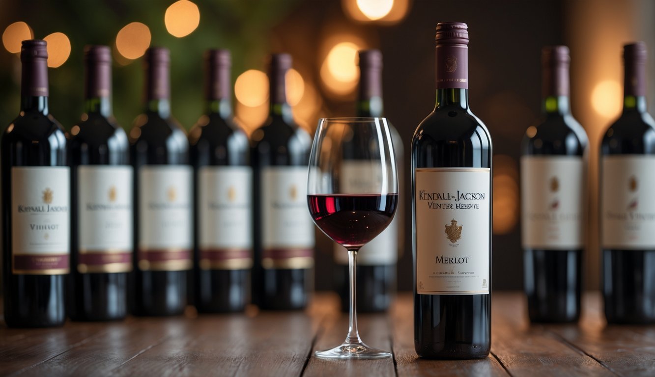 A bottle of Kendall-Jackson Vintner's Reserve Merlot surrounded by seven other red wine bottles on a wooden table with a glass of red wine.