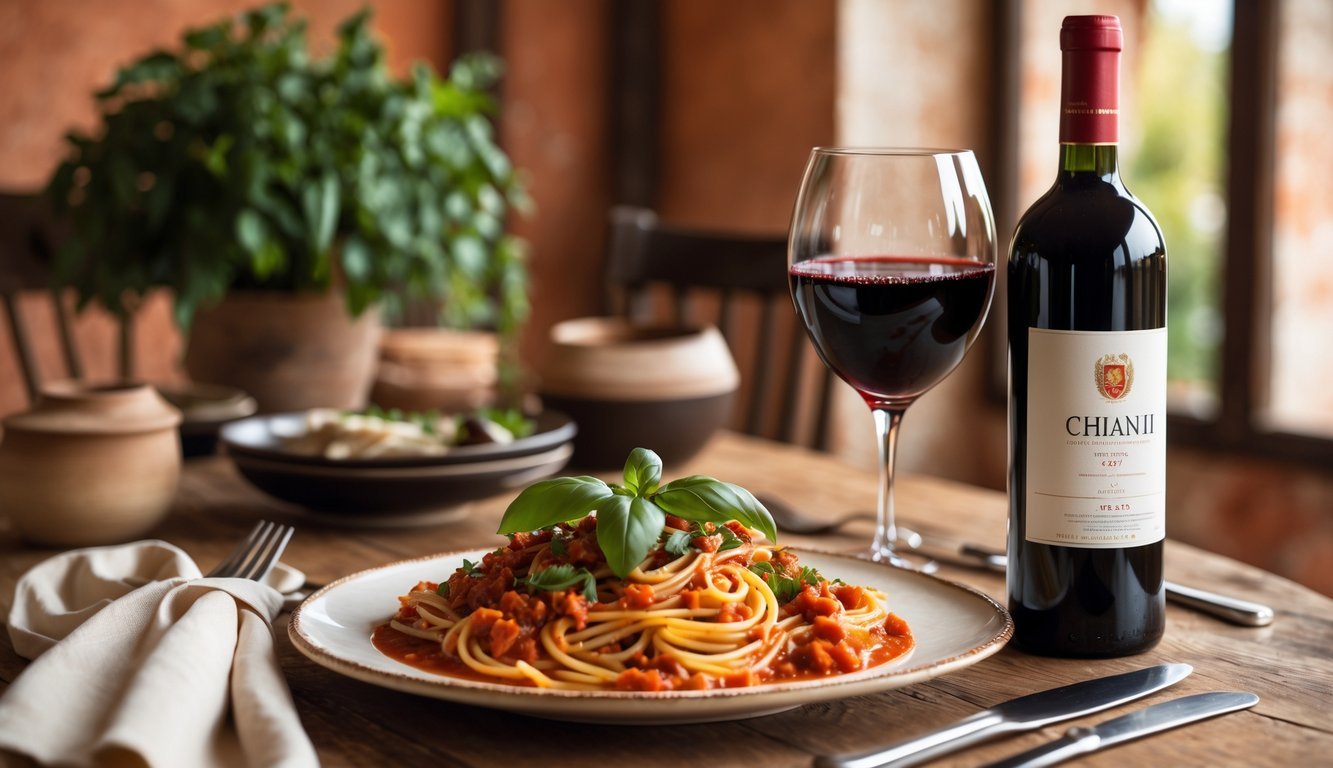 A dining table with a bottle of Chianti wine, a glass of red wine, and a plate of traditional Italian pasta in a rustic setting.