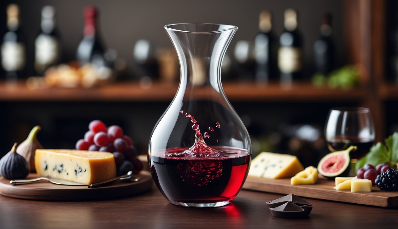 A glass decanter with red Malbec wine being aerated on a wooden table with cheese, chocolate, and fruit pairings in the background.